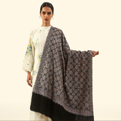 Pashmina Sozni Embroidery Shawl - Onyx Medallion