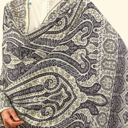 Cashmere Wool Sozni Embroidery Shawl - Charcoal Paisley