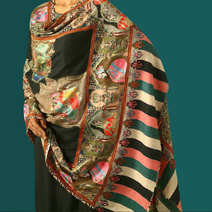 Cashmere Wool Kalamkari Intricate Embroidery Shawl - Gold