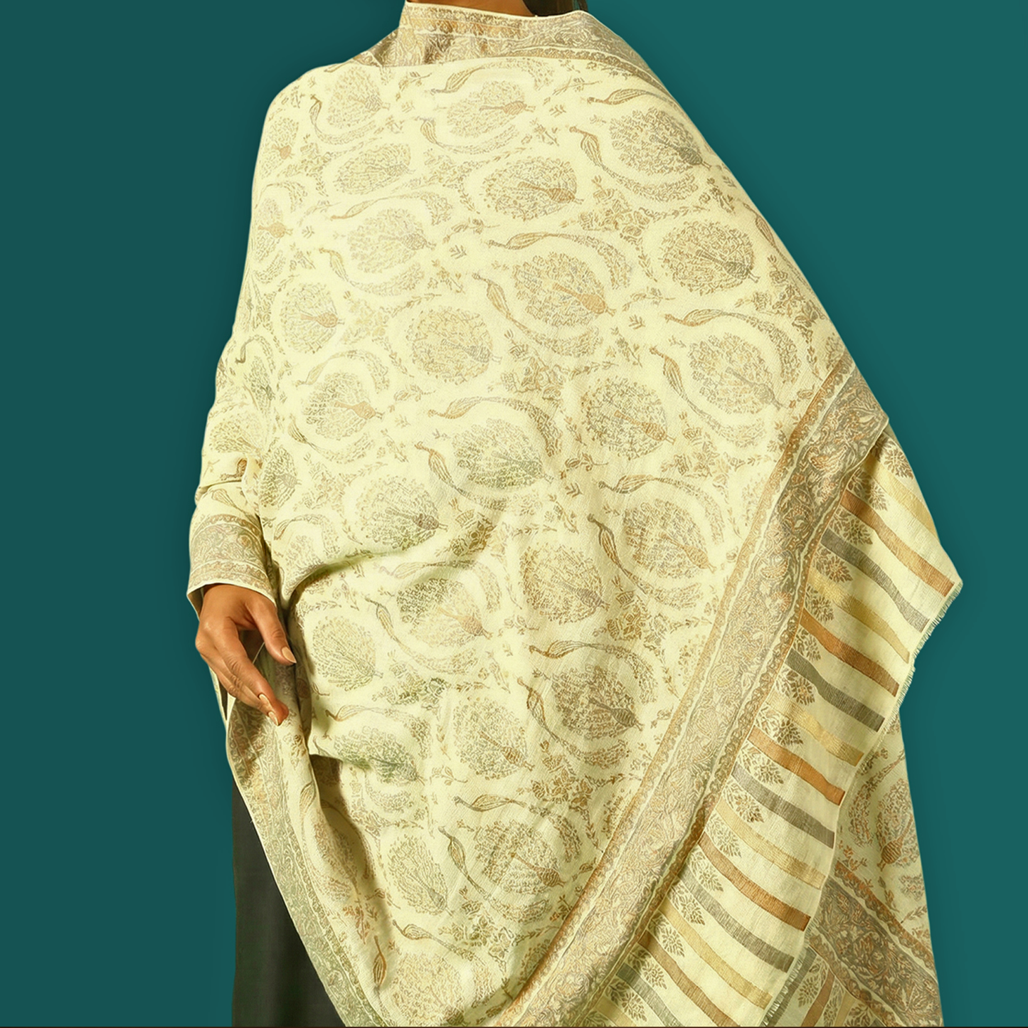 Cashmere Wool Zari Kani Shawl - Ivory