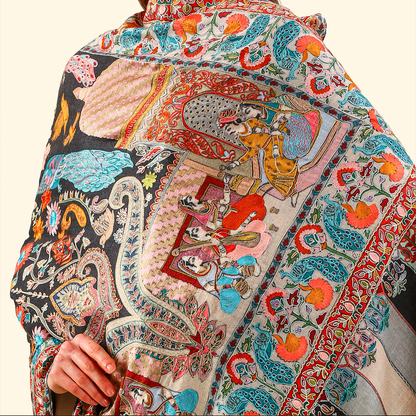 Cashmere Wool Kalamkari Intricate Embroidery Shawl - Midnight