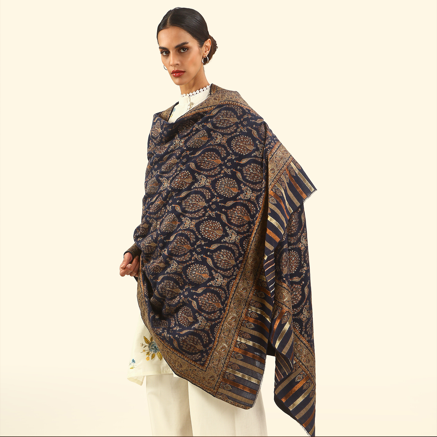 Cashmere Wool Zari Kani Shawl - Indigo