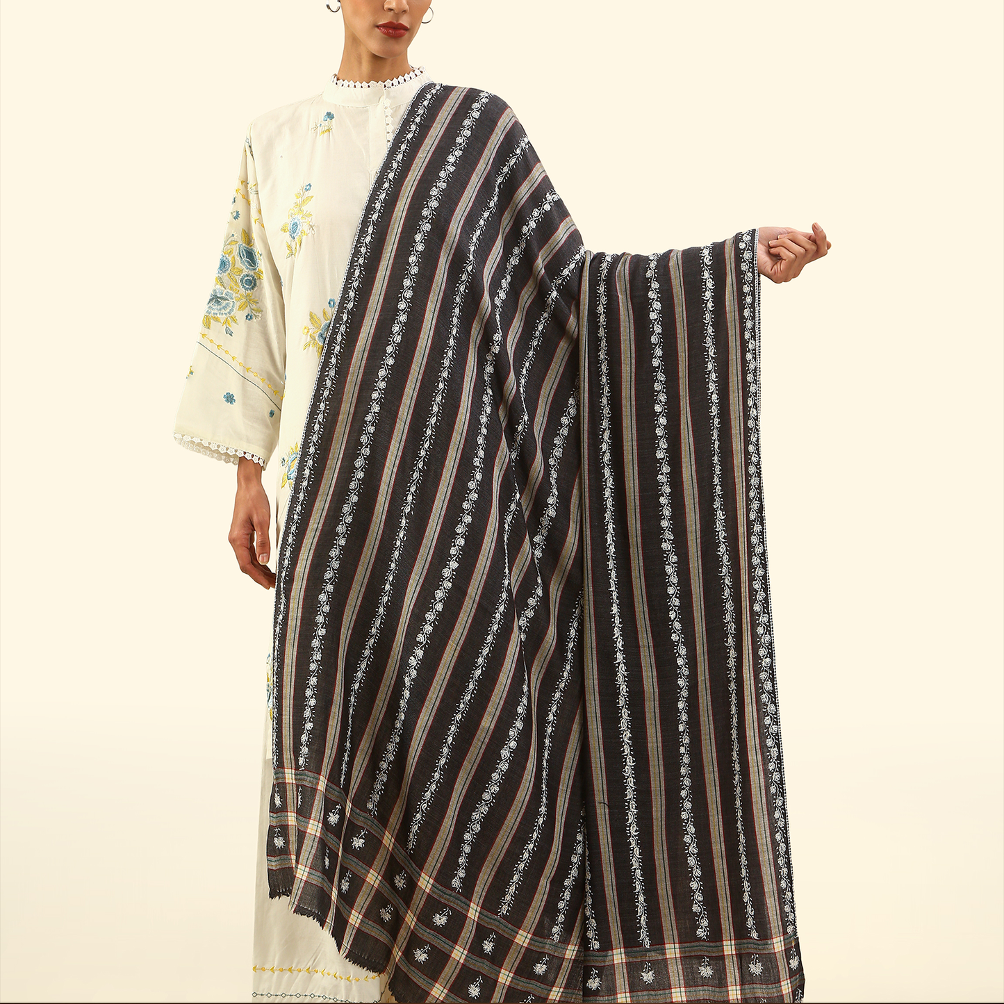Cashmere Wool Sozni Embroidery Shawl - Ebony Striped