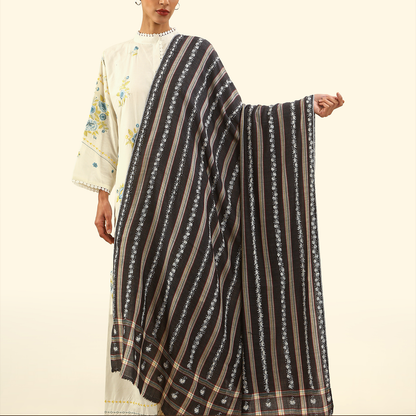 Cashmere Wool Sozni Embroidery Shawl - Ebony Striped