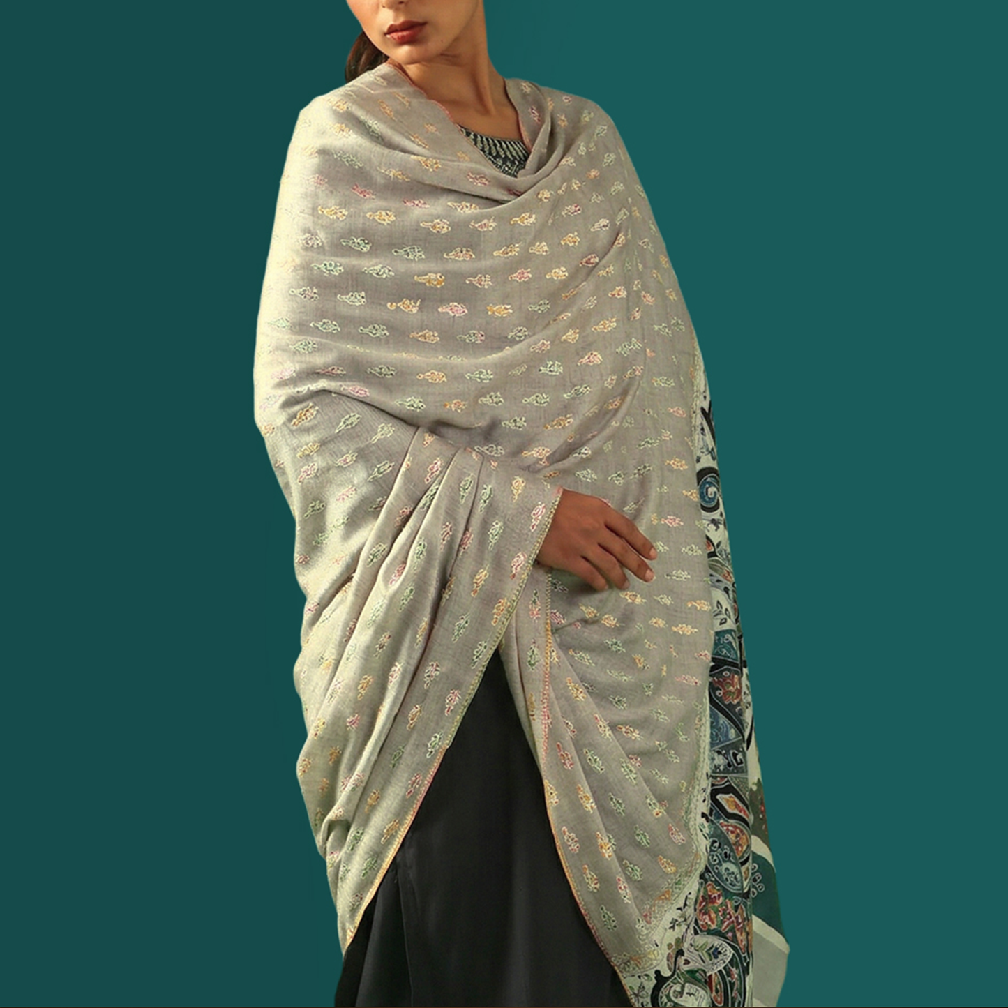 Cashmere Wool Sozni Embroidery Shawl - Dove Grey