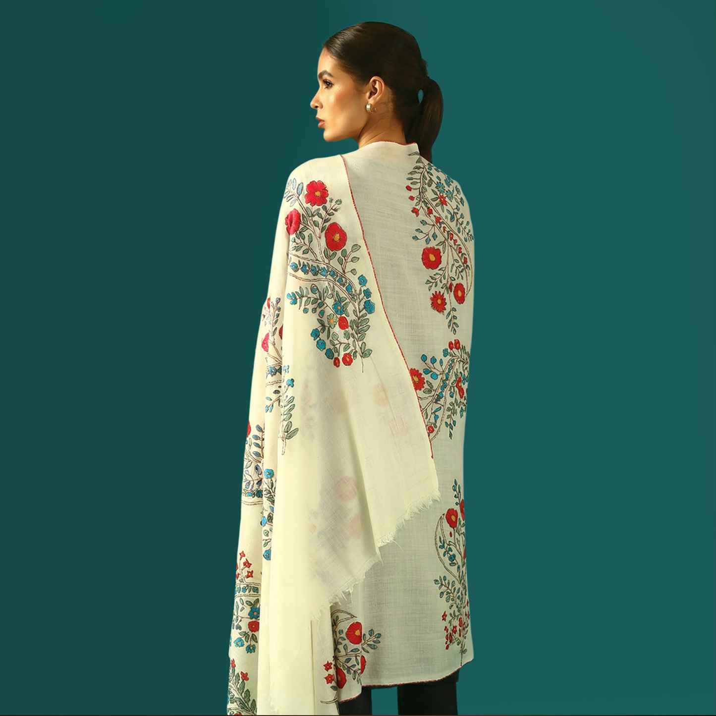 Cashmere Wool Sozni Embroidery Shawl - Crimson Bloom