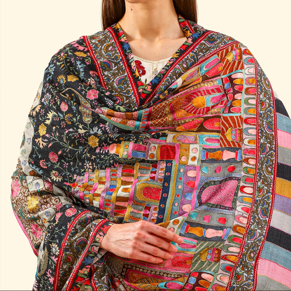 Cashmere Wool Kalamkari Intricate Embroidery Shawl - Taupe