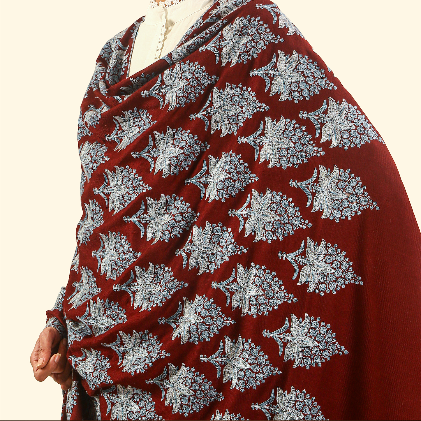 Pashmina Sozni Embroidery Shawl - Maroon Leaf