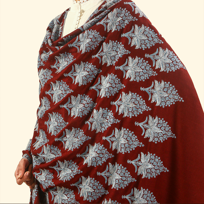 Pashmina Sozni Embroidery Shawl - Maroon Leaf