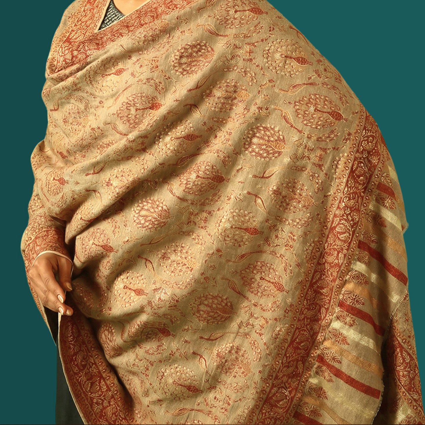 Cashmere Wool Zari Kani Shawl - Golden Sand