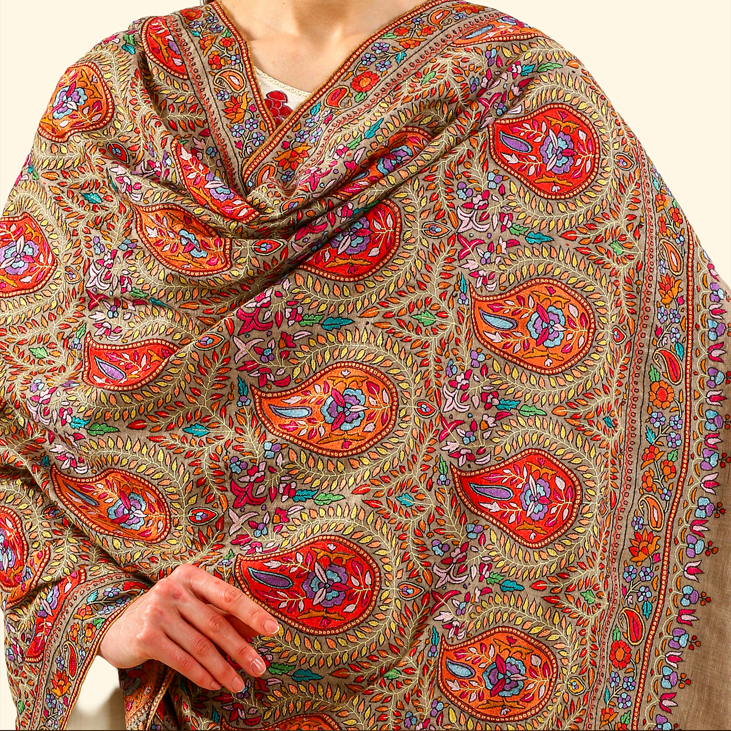 Pashmina Paper Mache Inspired Sozni Shawl - Sand