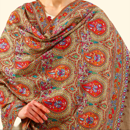 Pashmina Paper Mache Inspired Sozni Shawl - Sand