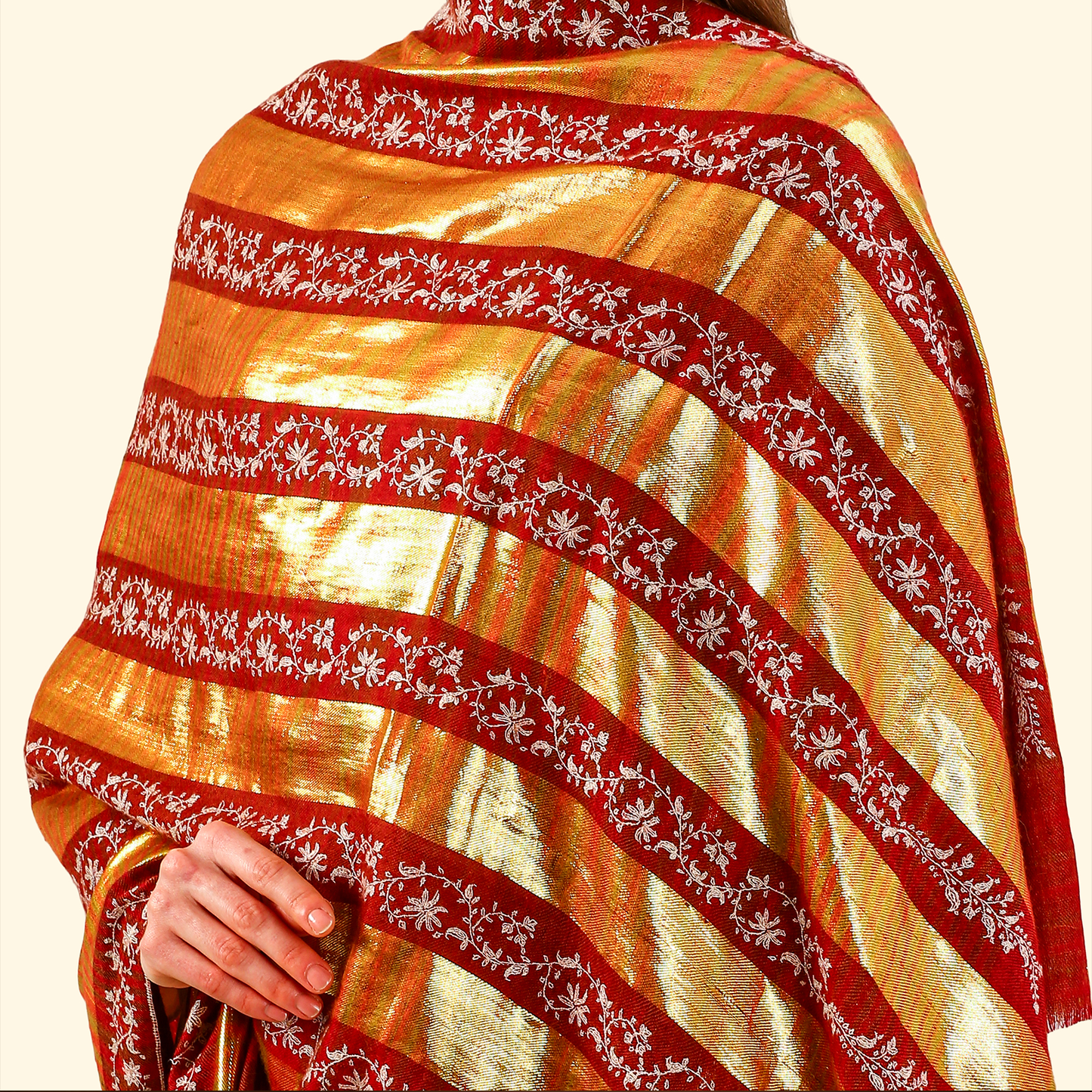 Pashmina Zari Stripes Shawl With Sozni Panel Embroidery - Gold