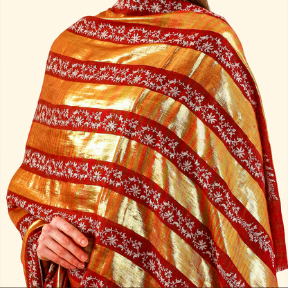 Pashmina Zari Stripes Shawl With Sozni Panel Embroidery - Gold