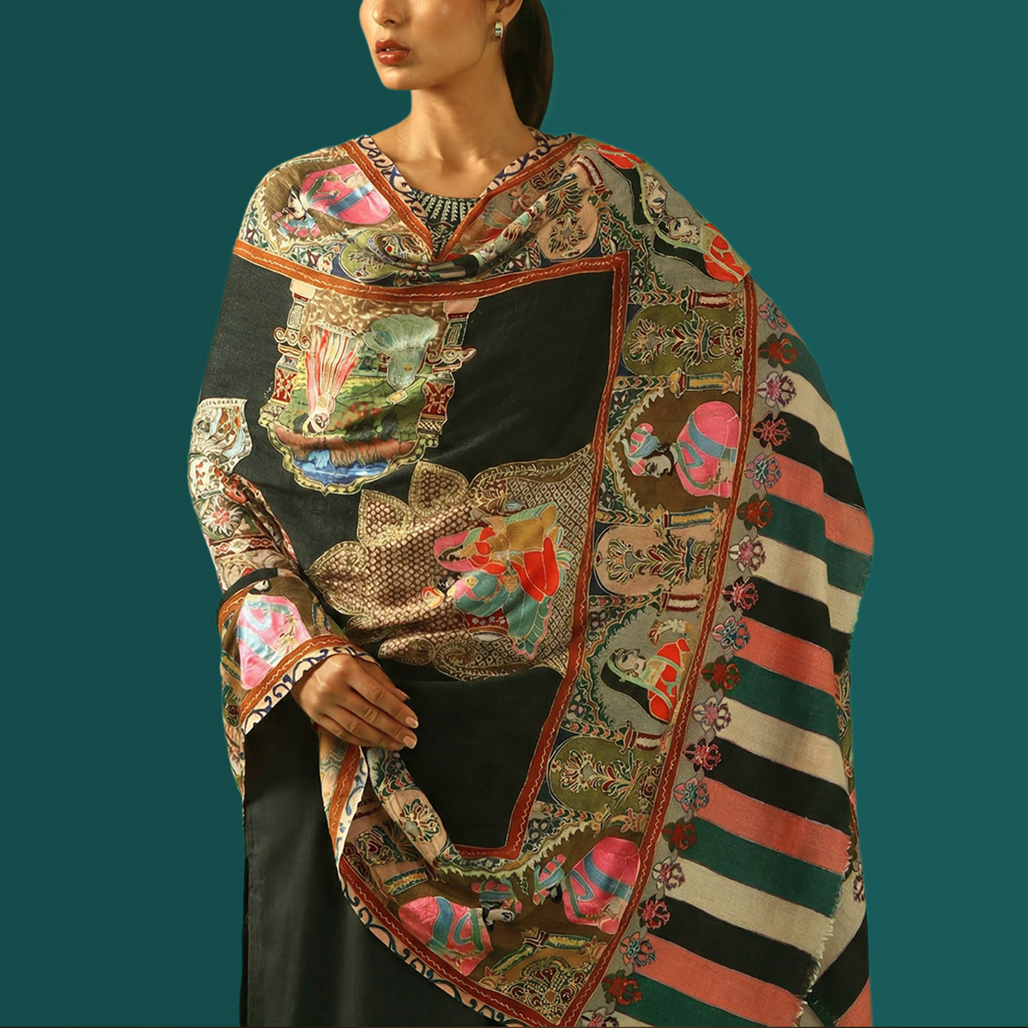 Cashmere Wool Kalamkari Intricate Embroidery Shawl - Gold