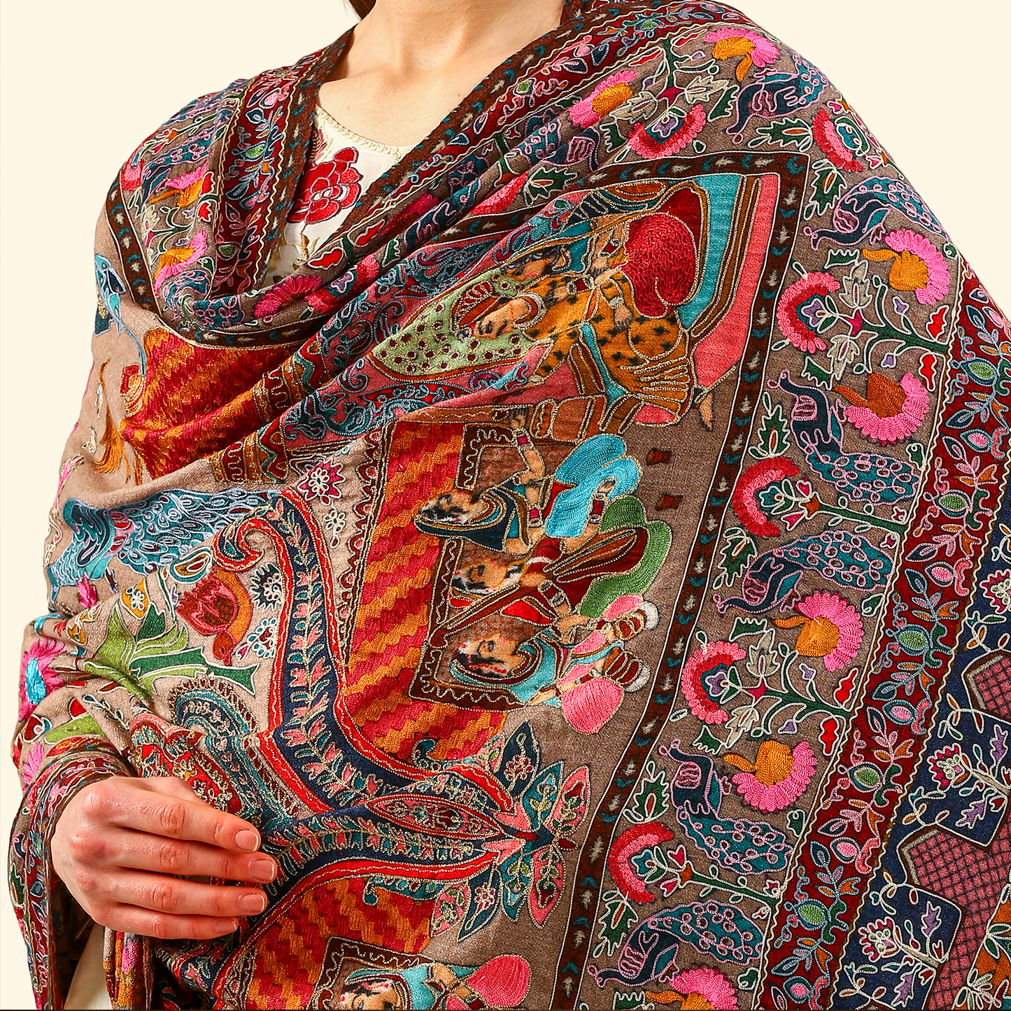 Cashmere Wool Kalamkari Intricate Embroidery Shawl