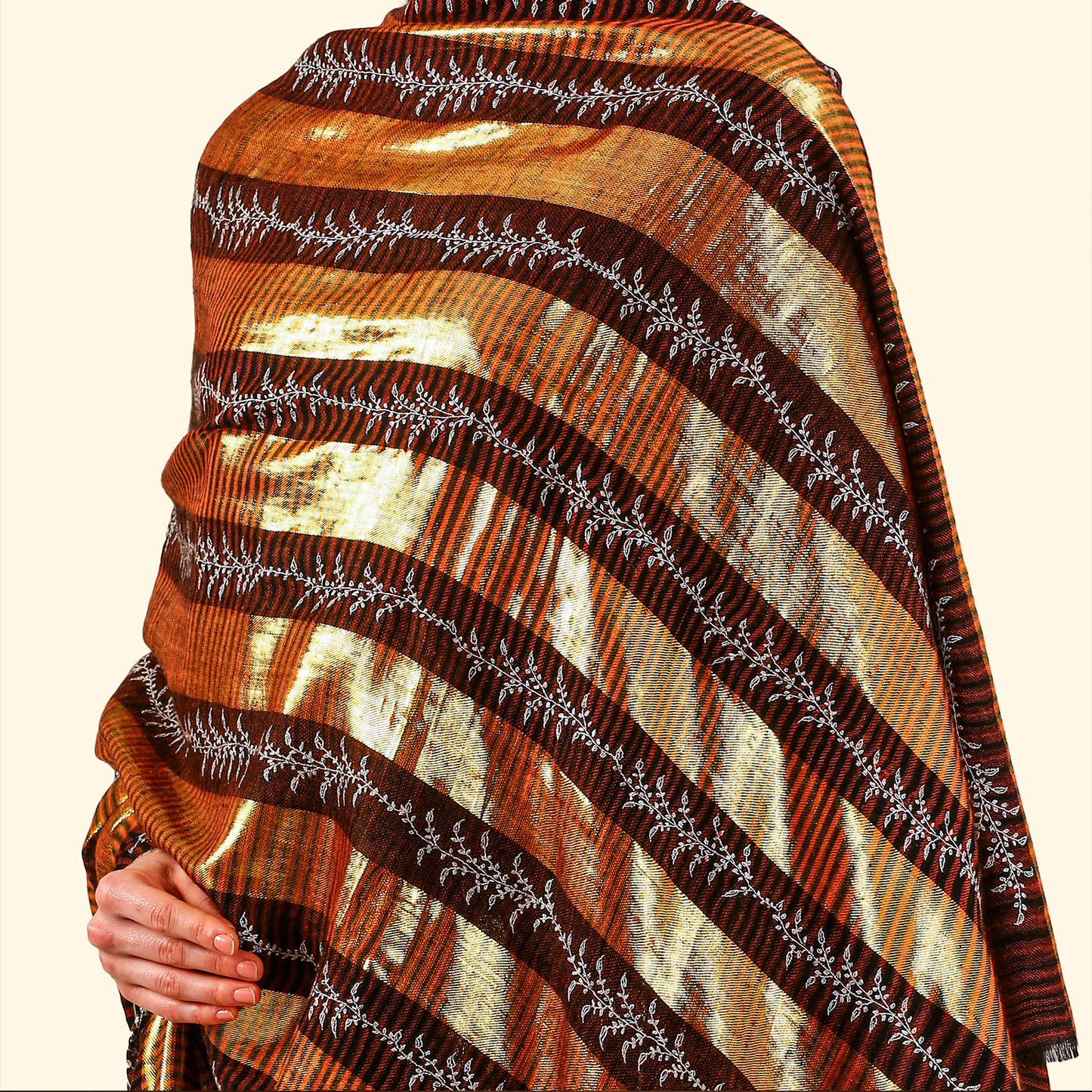 Pashmina Zari Stripes Shawl With Sozni Panel Embroidery - Gold