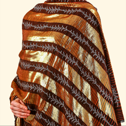 Pashmina Zari Stripes Shawl With Sozni Panel Embroidery - Gold