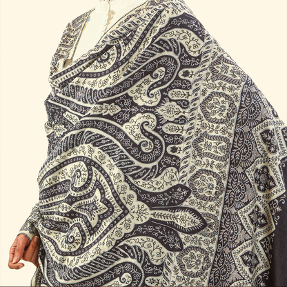 Cashmere Wool Sozni Embroidery Shawl - Charcoal Paisley