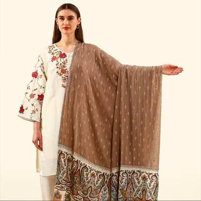 Cashmere Wool Sozni Embroidery Shawl - Ivory