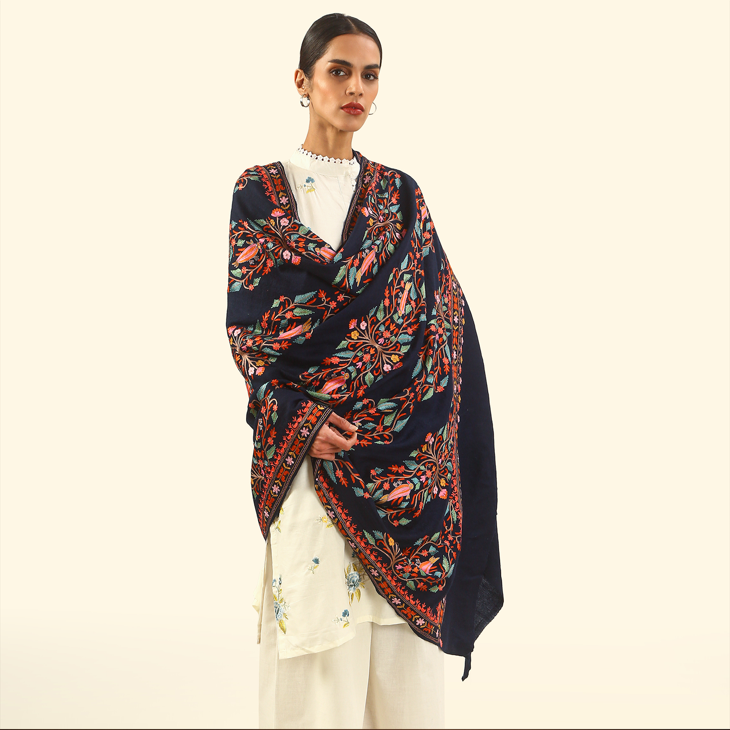 Handmade Kalamkari Shawl - Navy Blue Base