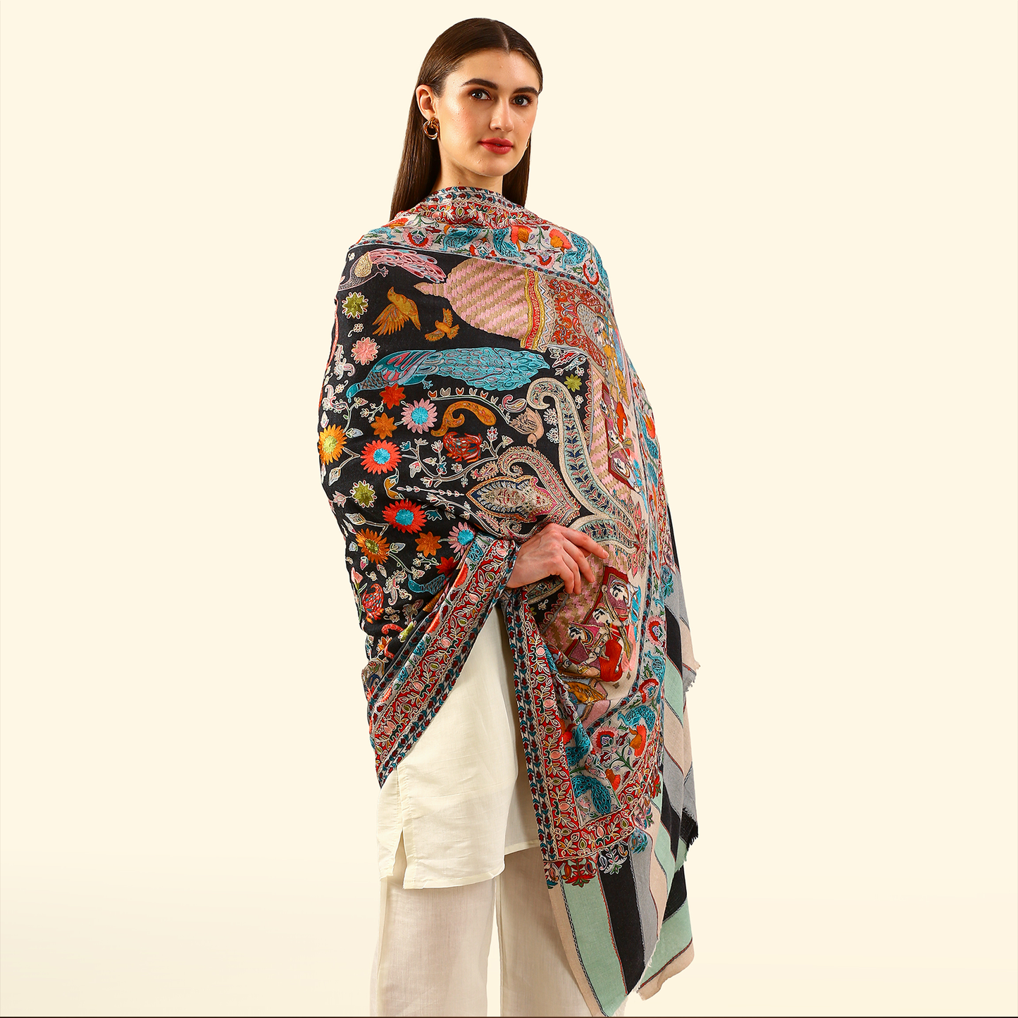 Cashmere Wool Kalamkari Intricate Embroidery Shawl - Midnight
