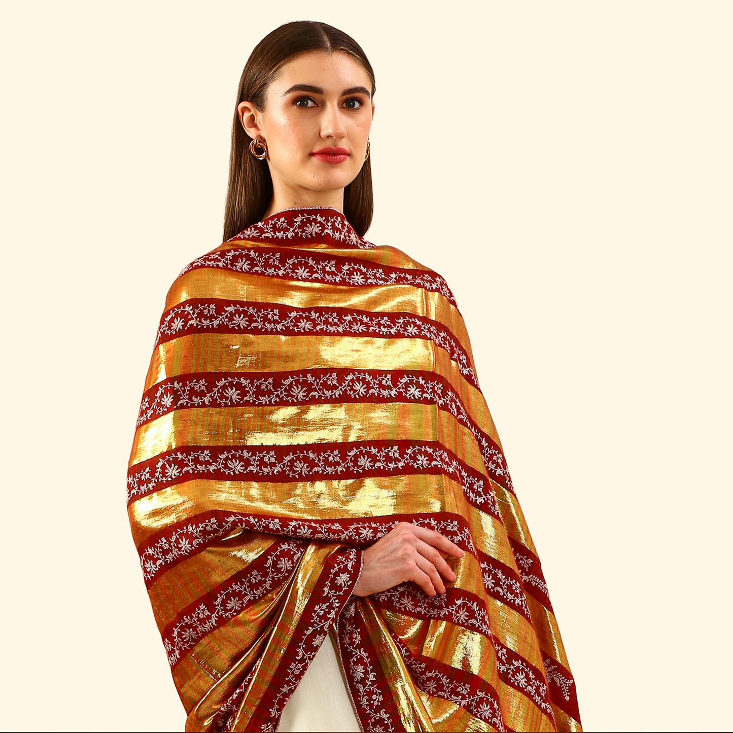 Pashmina Zari Stripes Shawl With Sozni Panel Embroidery - Gold
