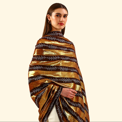 Pashmina Zari Stripes Shawl With Sozni Panel Embroidery - Gold