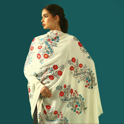 Cashmere Wool Sozni Embroidery Shawl - Crimson Bloom