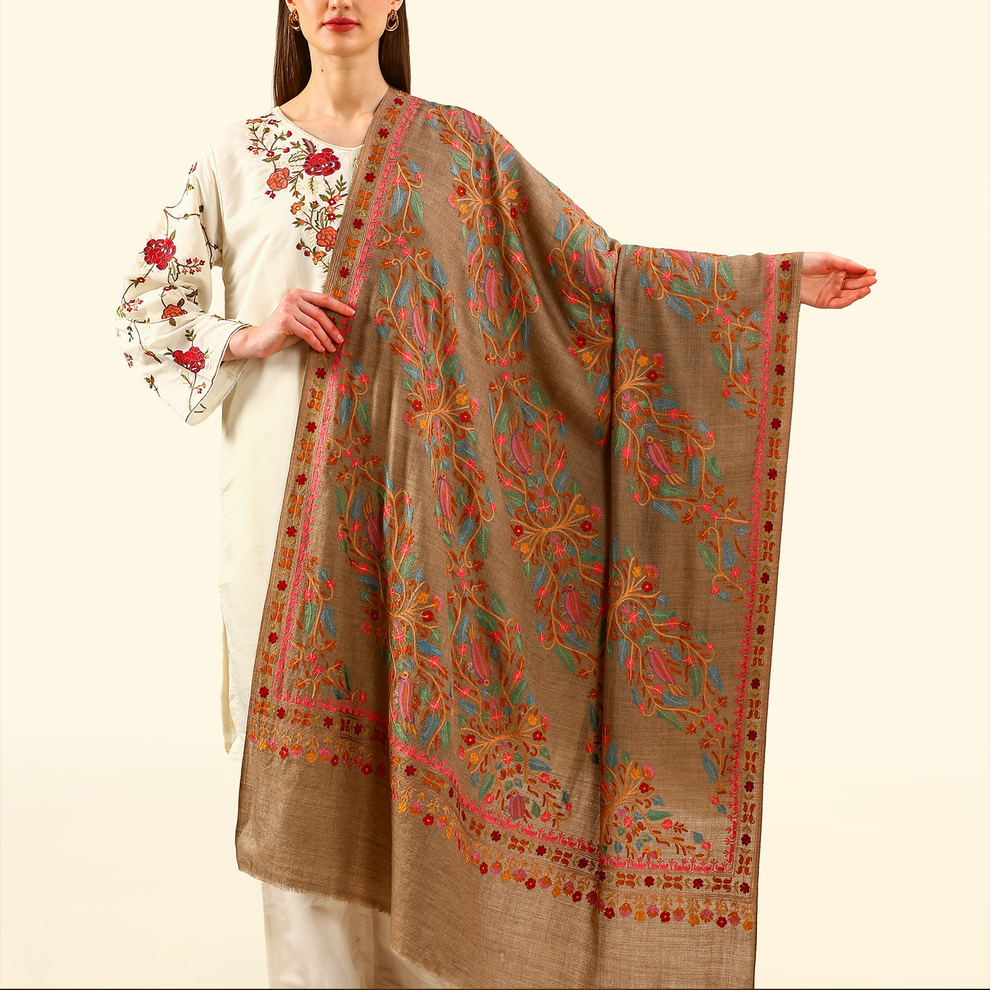 Handmade Kalamkari Shawl - Natural Base