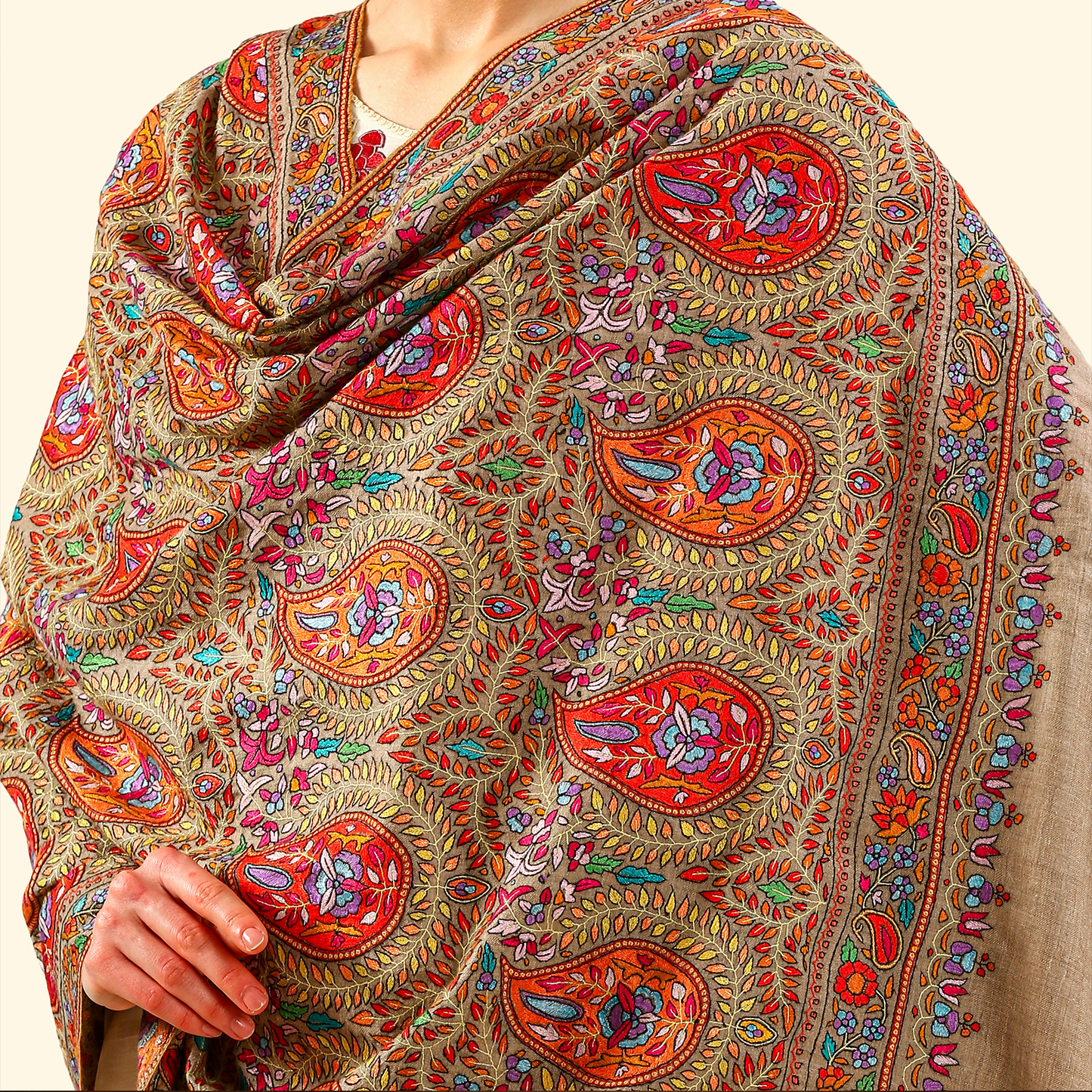 Pashmina Paper Mache Inspired Sozni Shawl - Sand