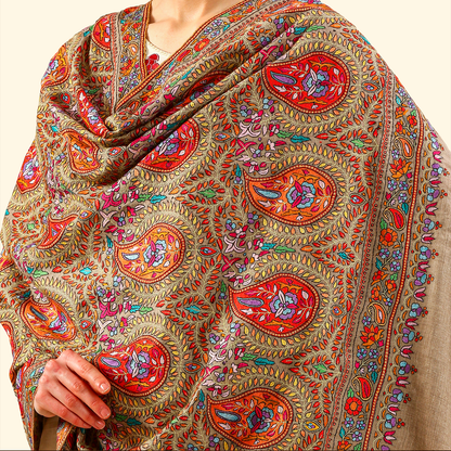 Pashmina Paper Mache Inspired Sozni Shawl - Sand