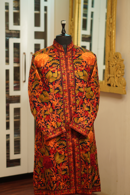 Black Lambs Wool Aari Embroidered Long Jacket