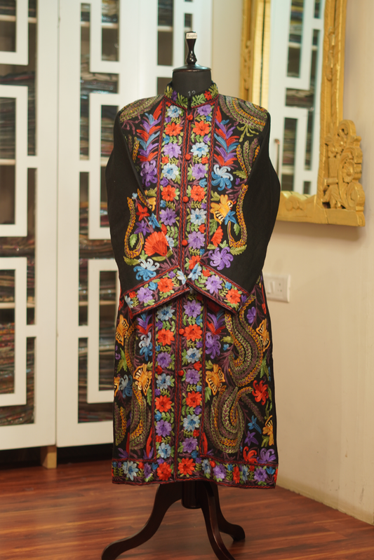 Black Lambs Wool Aari Embroidered Long Jacket