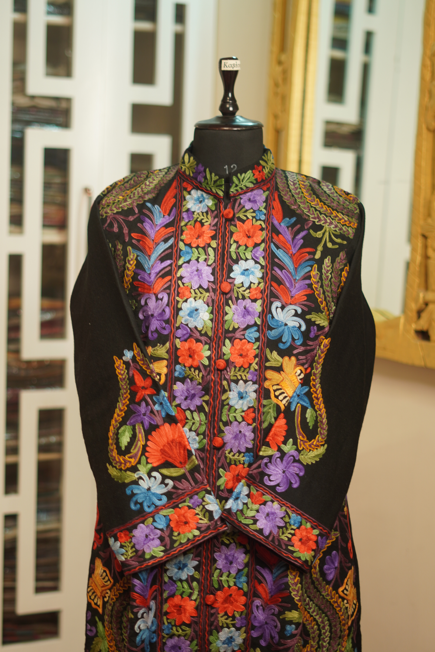 Black Lambs Wool Aari Embroidered Long Jacket