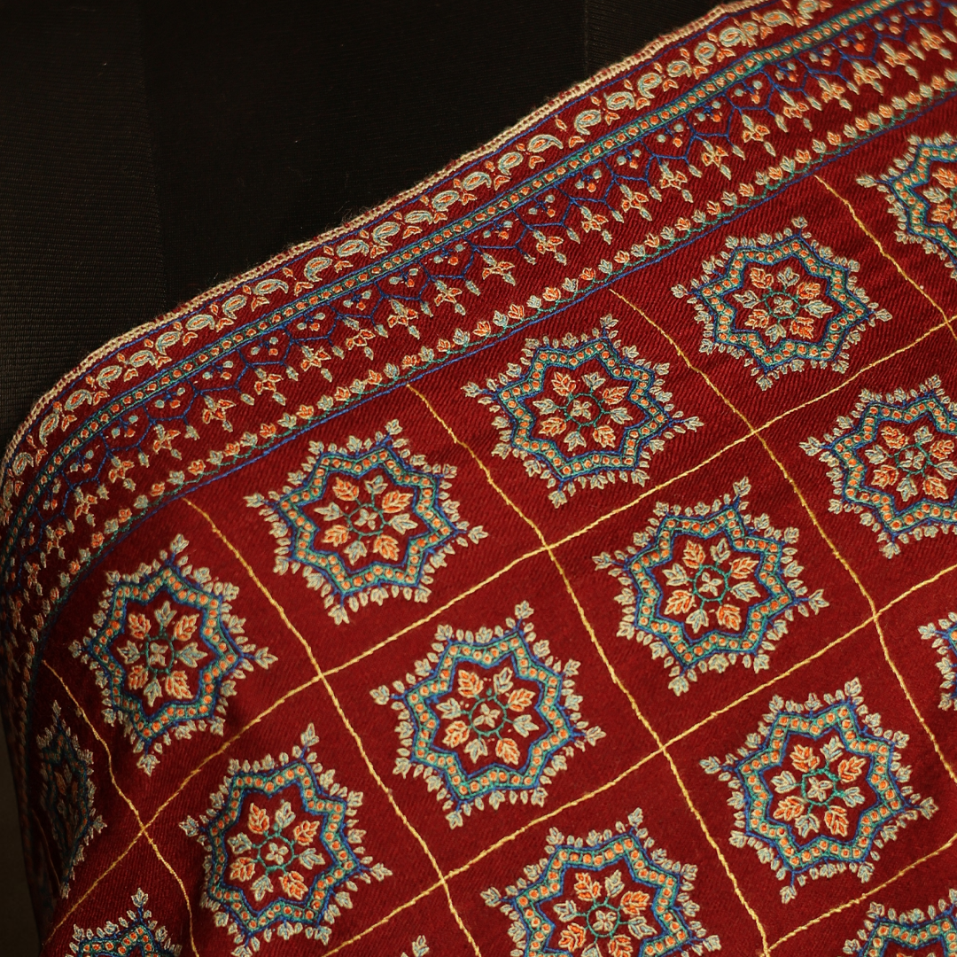 Maroon Sozni Jama Pashmina Shawl