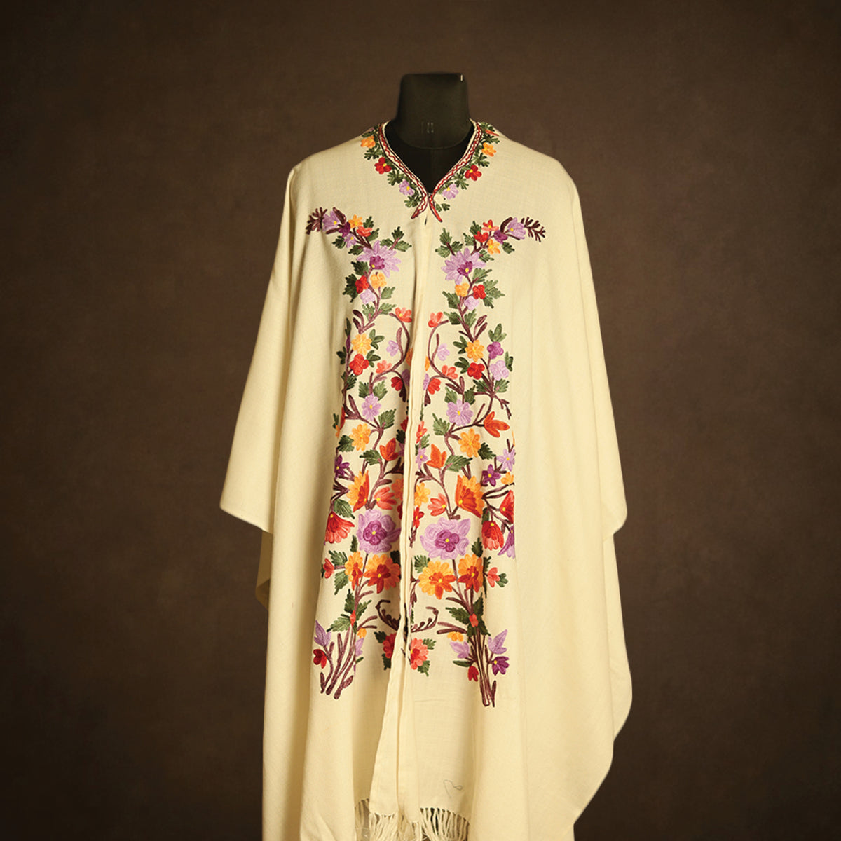 Lamb’s Wool Ari-Embroidered Cape Shawl