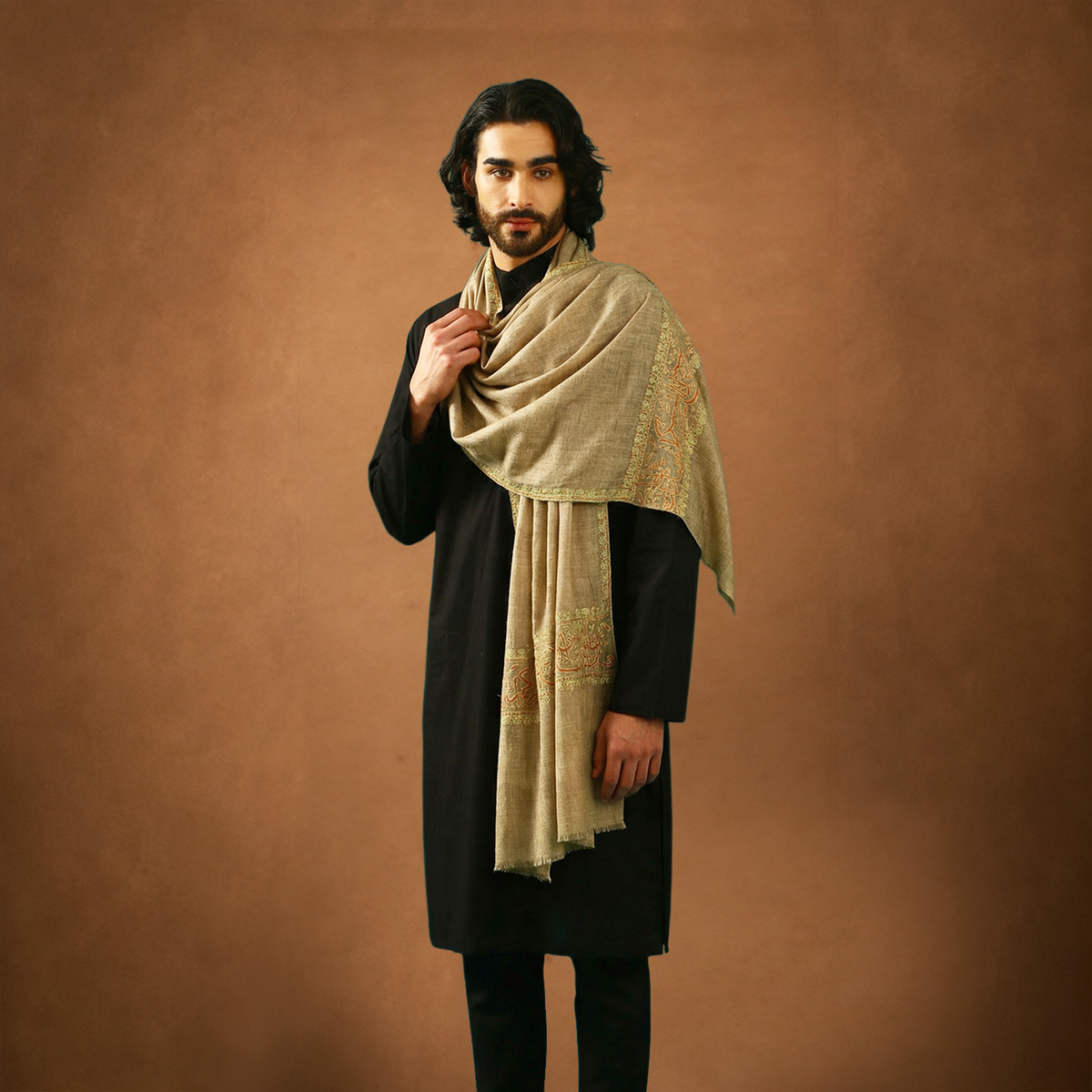 Pashmina Sozni Embroidery Palla Stole - Natural