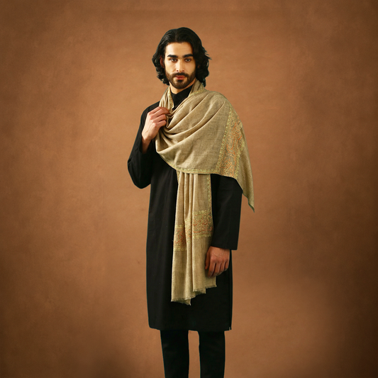 Pashmina Sozni Embroidery Palla Stole - Natural