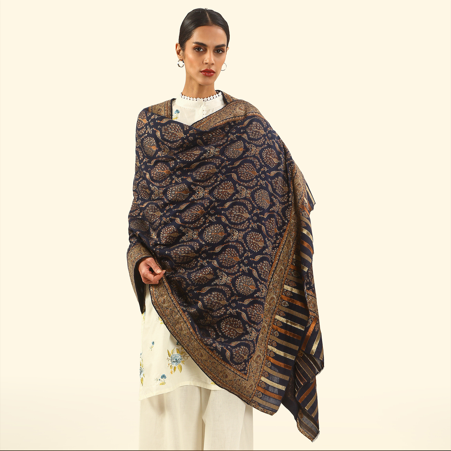 Cashmere Wool Zari Kani Shawl - Indigo