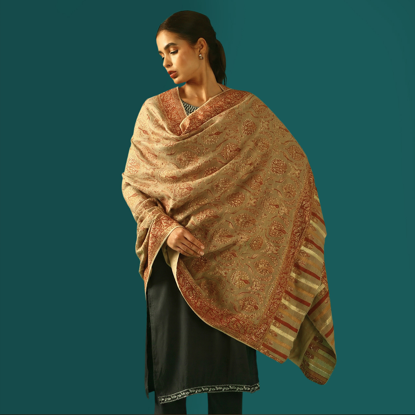 Cashmere Wool Zari Kani Shawl - Golden Sand