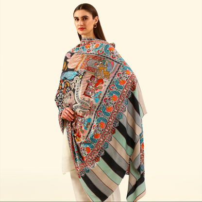 Cashmere Wool Kalamkari Intricate Embroidery Shawl - Midnight