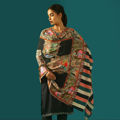 Cashmere Wool Kalamkari Intricate Embroidery Shawl - Gold