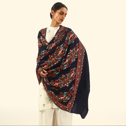 Handmade Kalamkari Shawl - Navy Blue Base