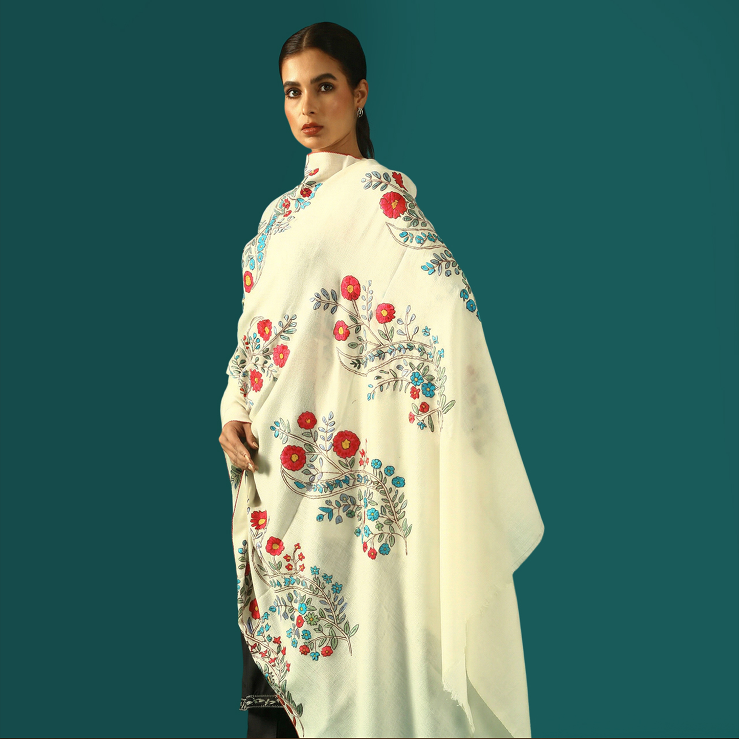 Cashmere Wool Sozni Embroidery Shawl - Crimson Bloom