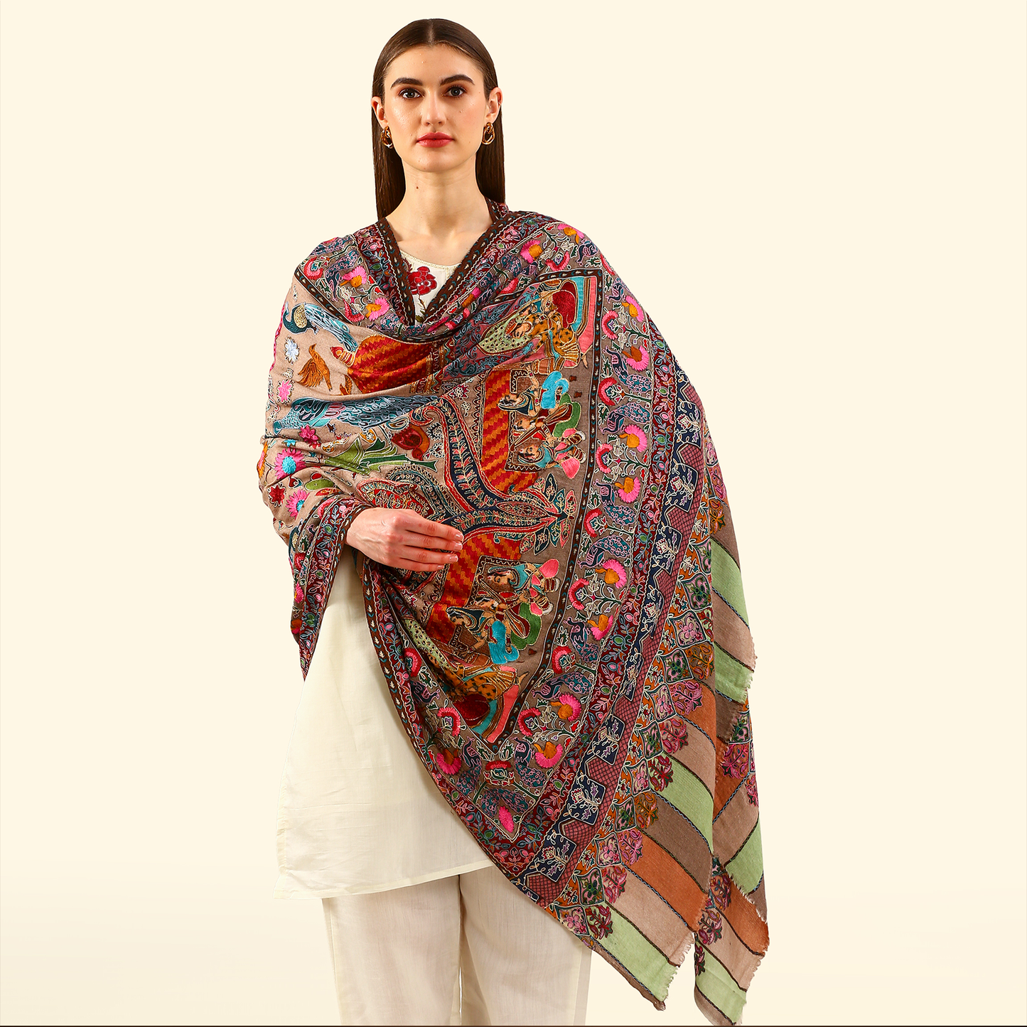 Cashmere Wool Kalamkari Intricate Embroidery Shawl