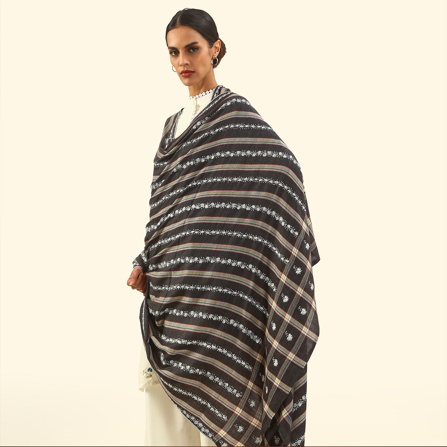 Cashmere Wool Sozni Embroidery Shawl - Ebony Striped