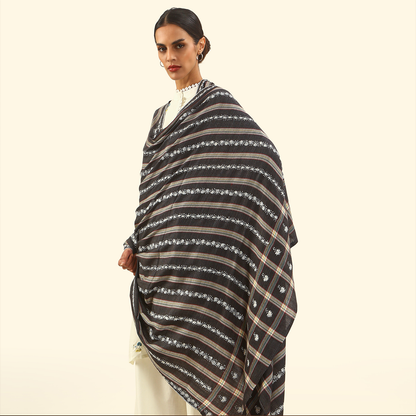 Cashmere Wool Sozni Embroidery Shawl - Ebony Striped