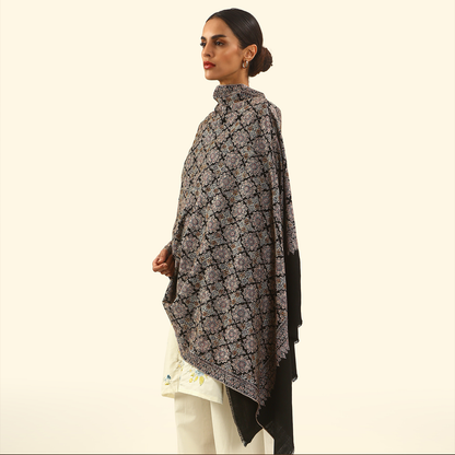 Pashmina Sozni Embroidery Shawl - Onyx Medallion