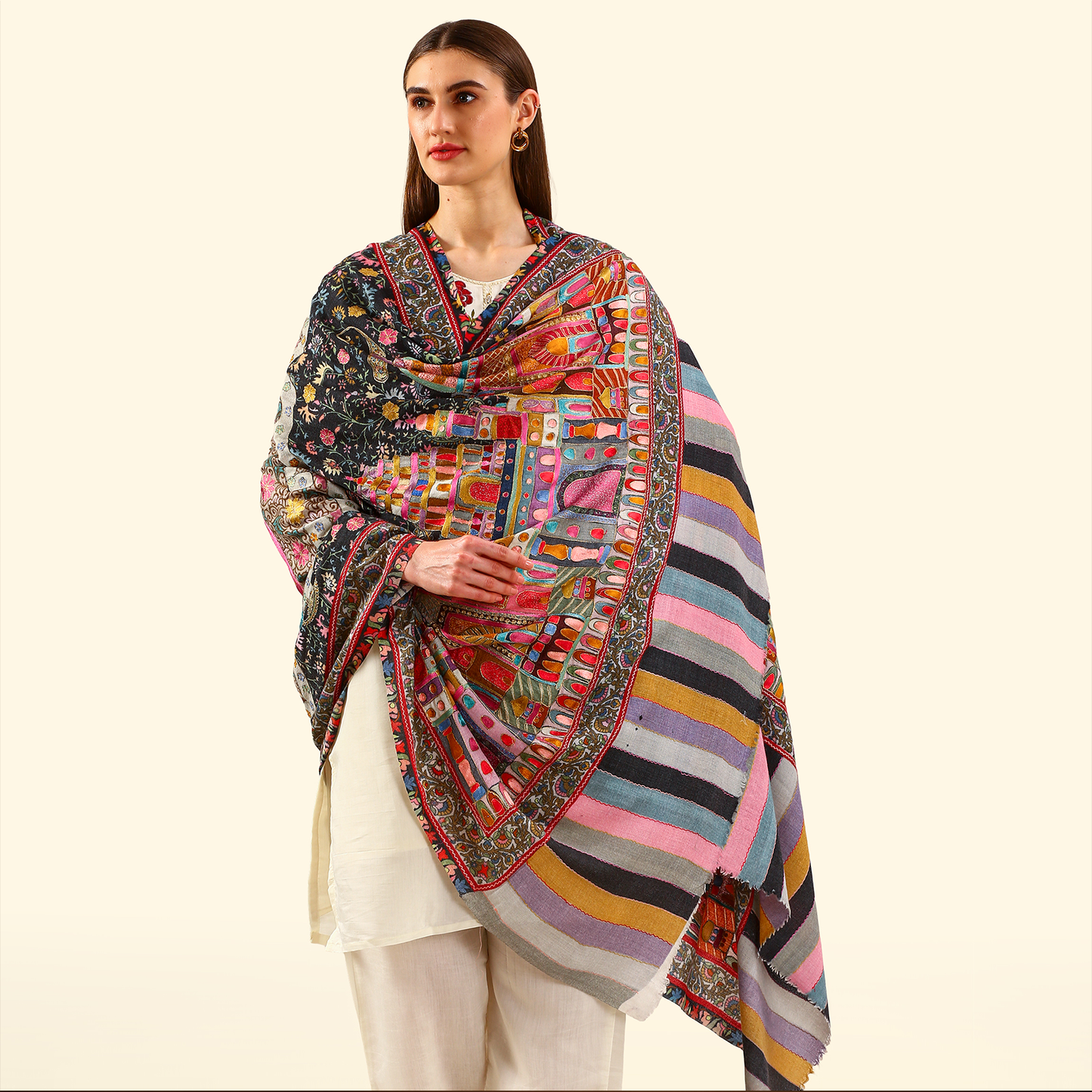 Cashmere Wool Kalamkari Intricate Embroidery Shawl - Taupe